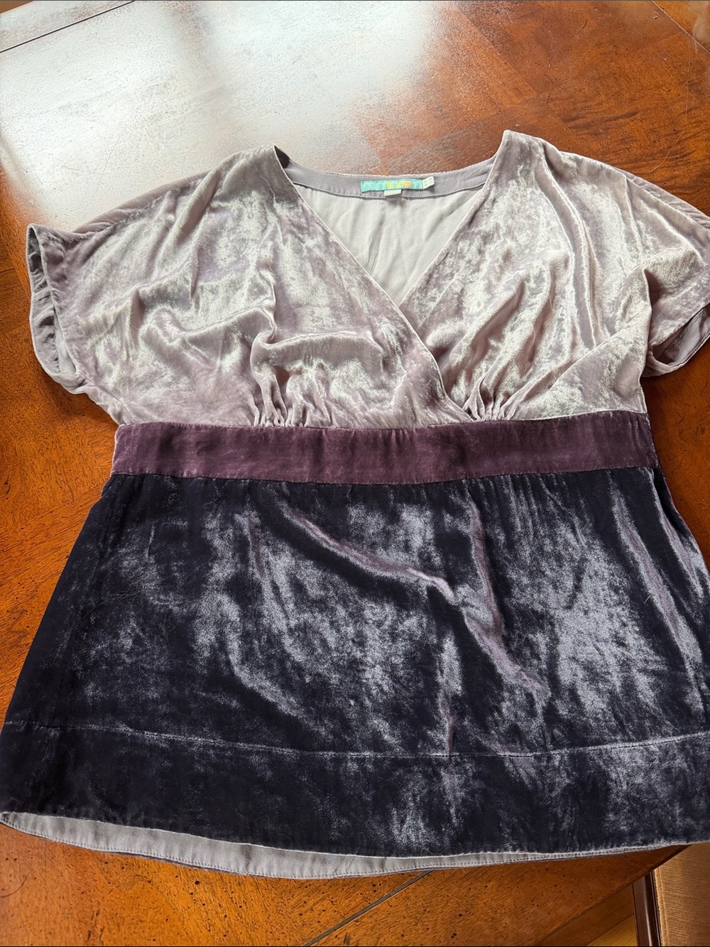 Boden Velvet Colorblock Wrap-Style Top in Light Gray, Plum & Charcoal